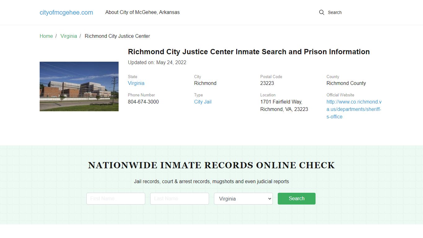 Richmond City Justice Center Inmate Search, Visitation, Phone no ...