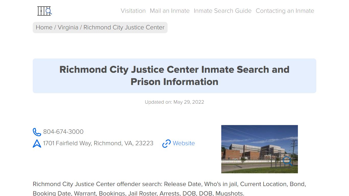 Richmond City Justice Center Inmate Search, Visitation, Phone no ...