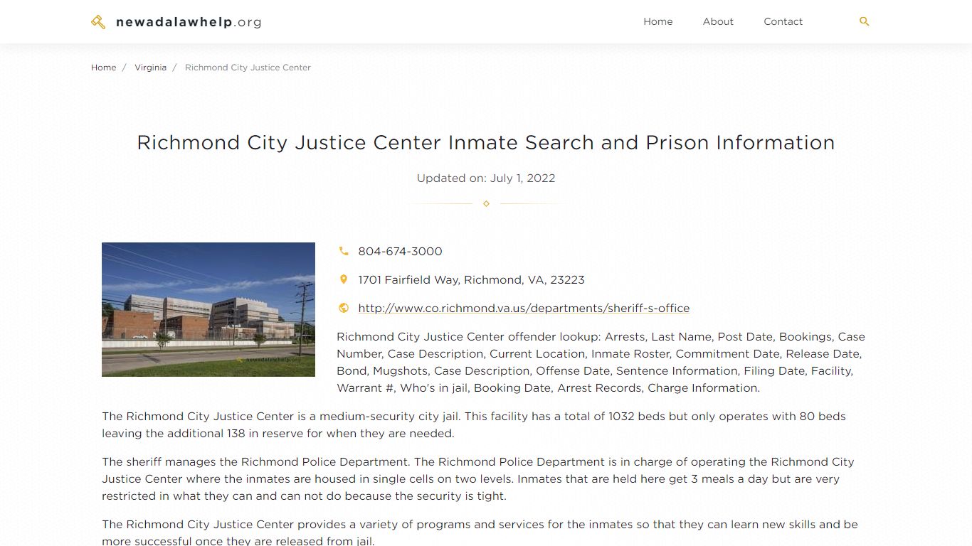 Richmond City Justice Center Inmate Search, Visitation, Phone no ...